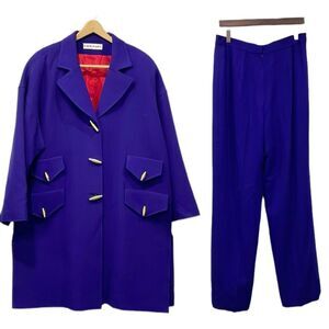 David Hayes 100% Wool Vintage Coat Pant Suit 80s Sz 14 Purple Toggle Pockets